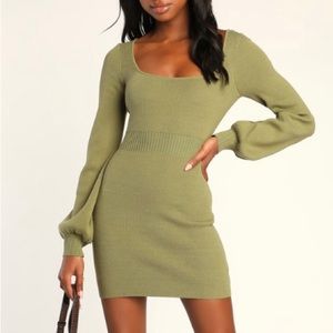NWOT Olive Green Balloon Sleeve Sweater Dress with Open Back